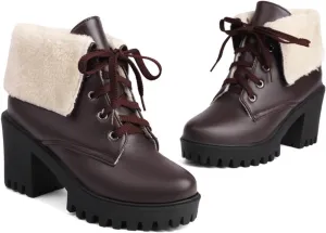 Women's Ankle Boots Slip On Platform Boots,Platform Boots for Women Heeled Combat Boots Chunky Heel Booties Round Toe Lace Up High Heel Ankle Boots Warm Fur Lined Winter Shoes for Party Work