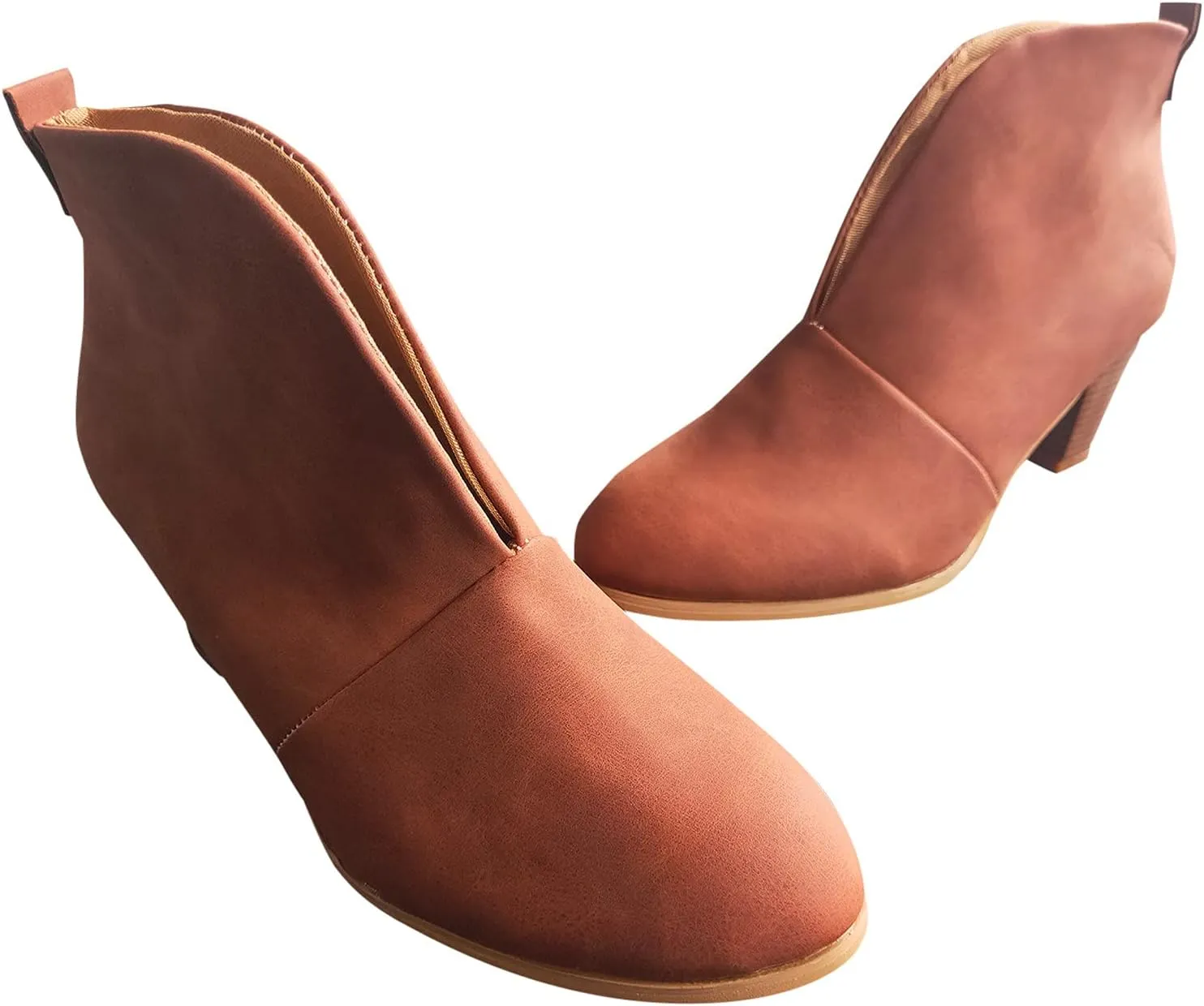 Womens Ankle Boots Wide Width,Vintage Front Deep V Cut Short Booties Casual Pull On Fall Boots Mid Chunky Heels Shoes