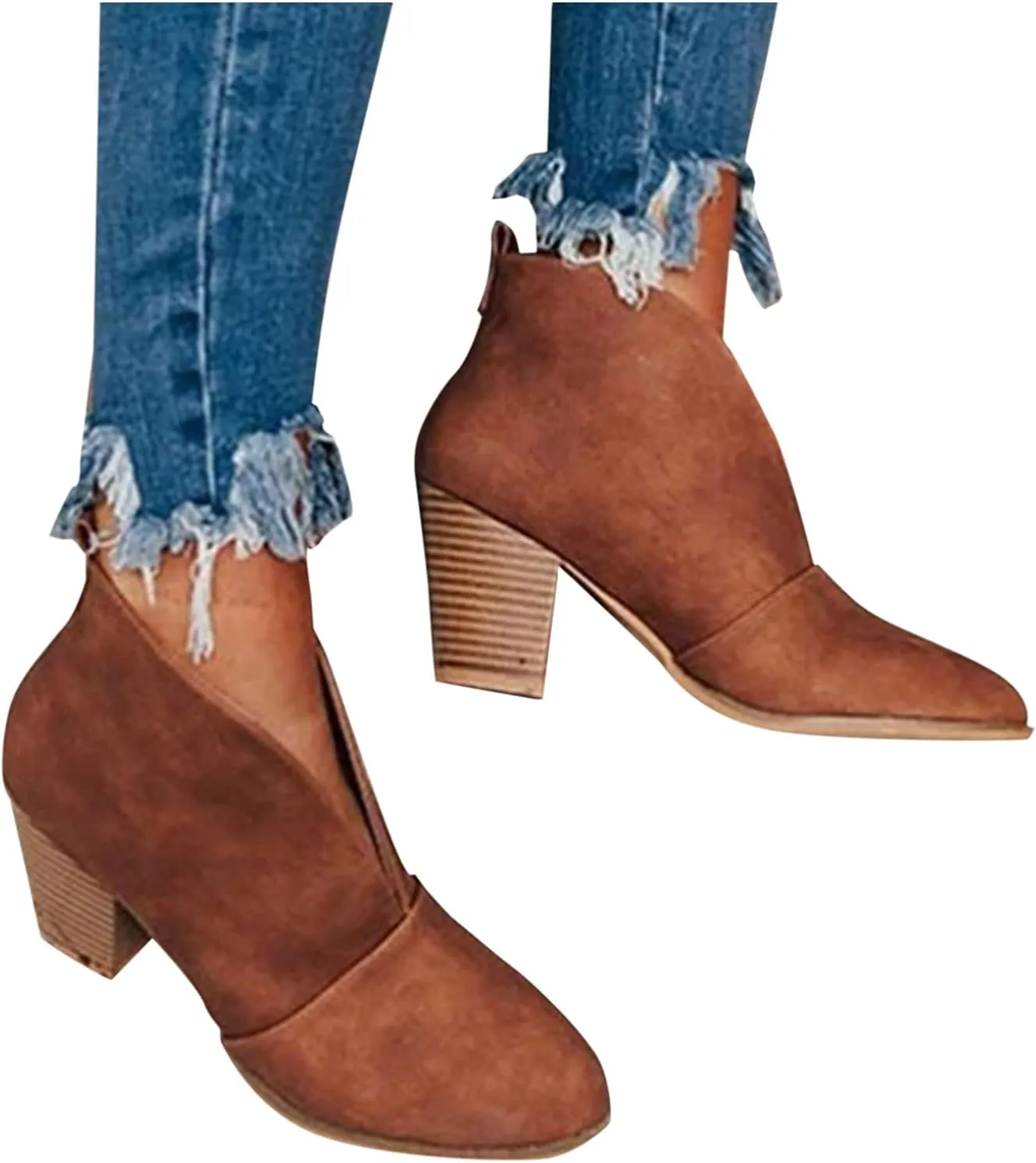 Womens Ankle Boots Wide Width,Vintage Front Deep V Cut Short Booties Casual Pull On Fall Boots Mid Chunky Heels Shoes
