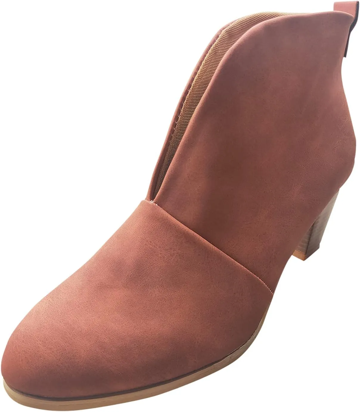Womens Ankle Boots Wide Width,Vintage Front Deep V Cut Short Booties Casual Pull On Fall Boots Mid Chunky Heels Shoes