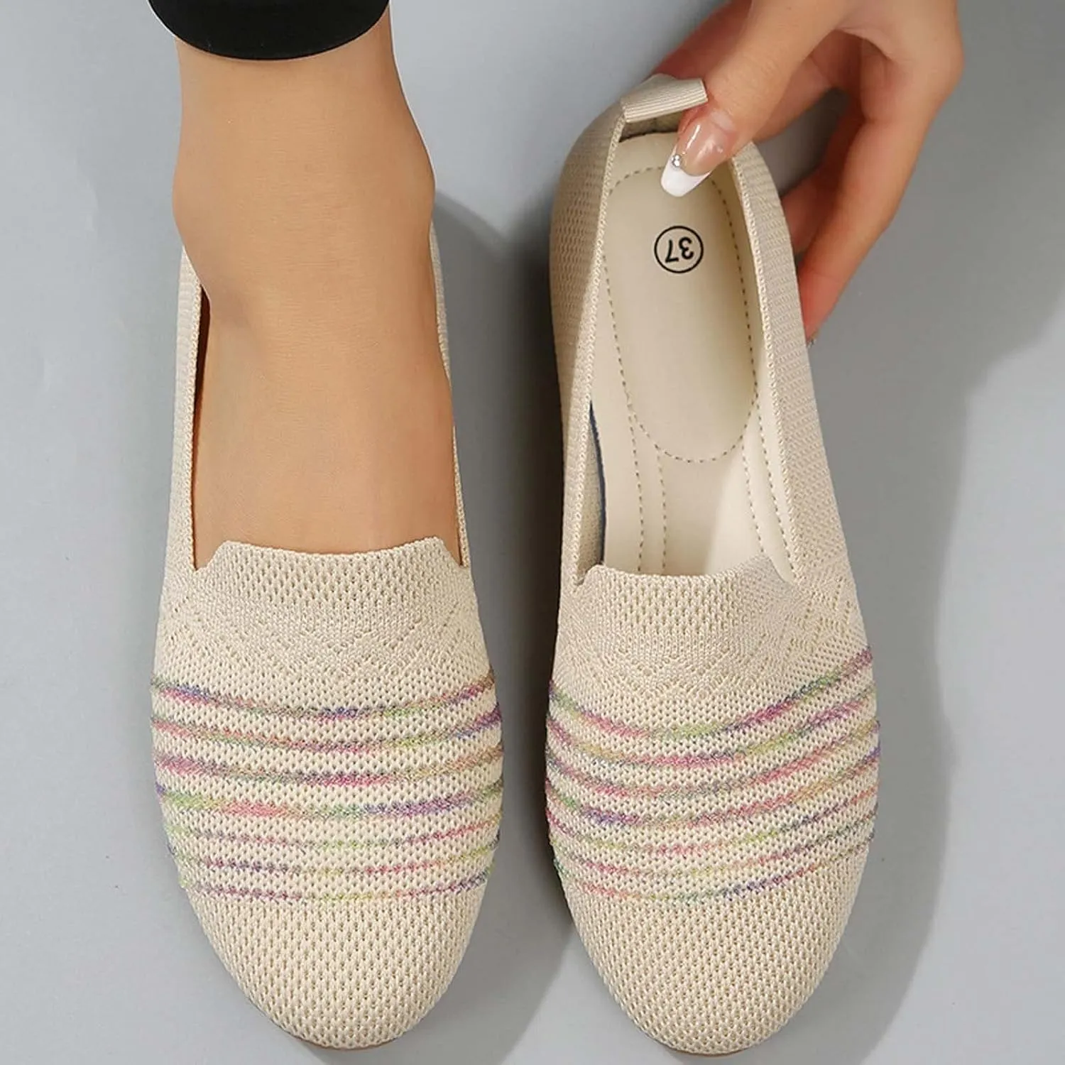 Women’s Ballet Flat Shoes Dress Shoe Summer Knit Round Toe Slip On Ballerina Walking Flats Sandals for Woman Low Wedge Casual