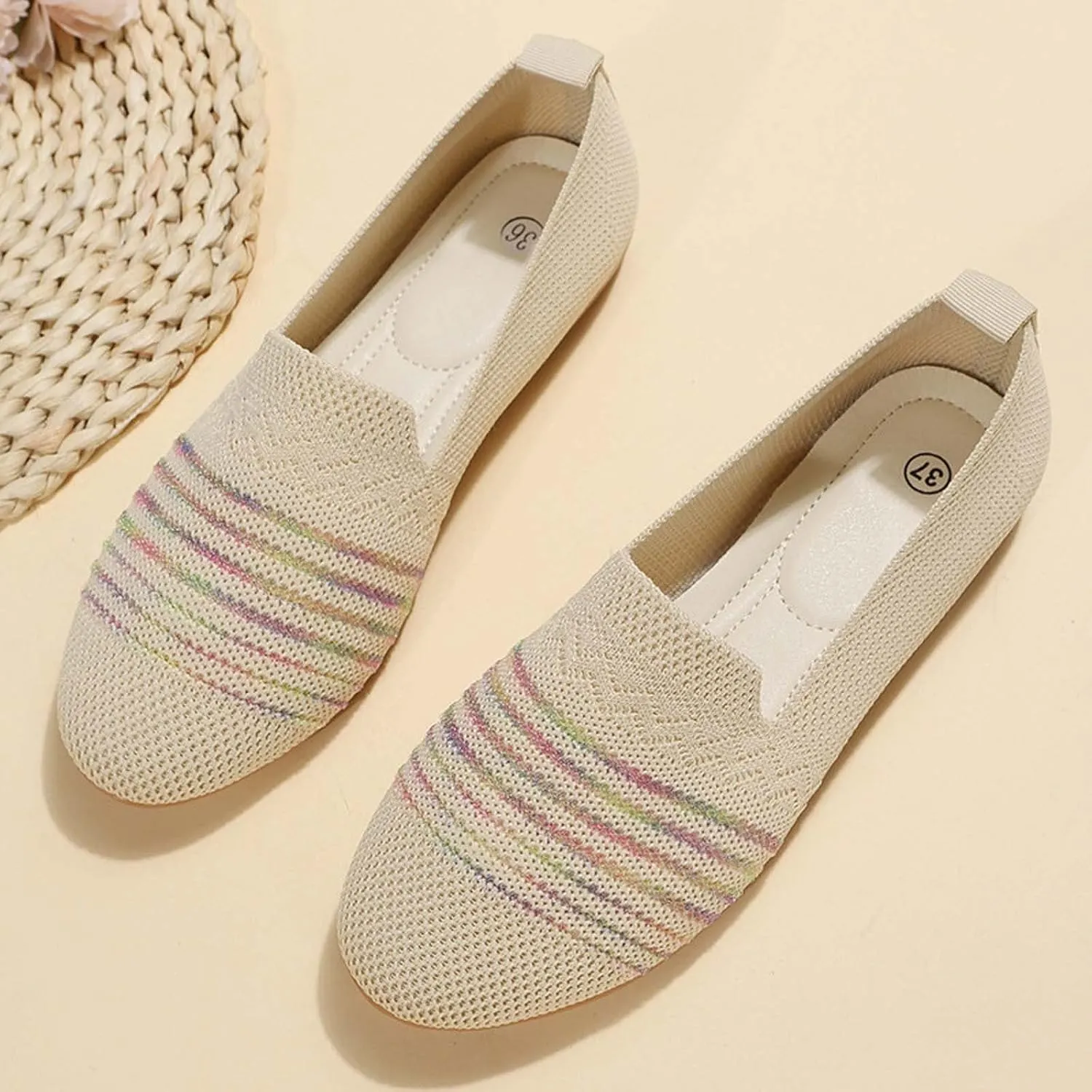 Women’s Ballet Flat Shoes Dress Shoe Summer Knit Round Toe Slip On Ballerina Walking Flats Sandals for Woman Low Wedge Casual