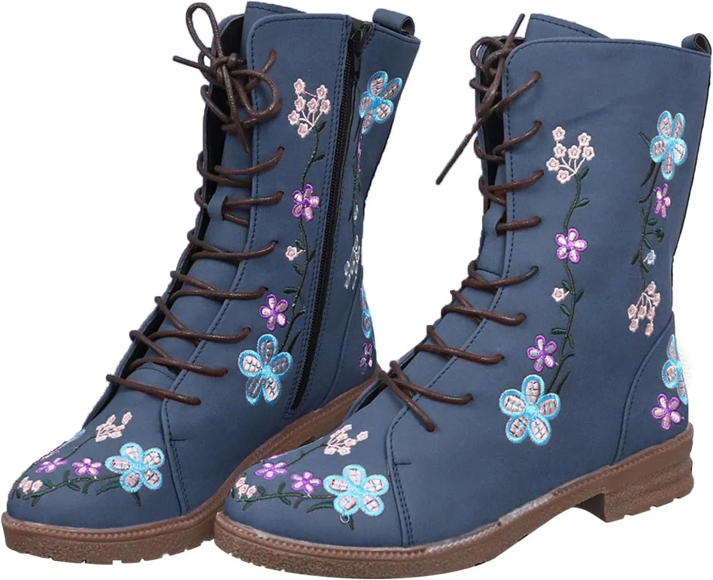 Womens Boots Casual Fashion Floral Pattern Lace Up Boots for Women Chunky Heel Lug Sole Cozy Mid-Calf Boots