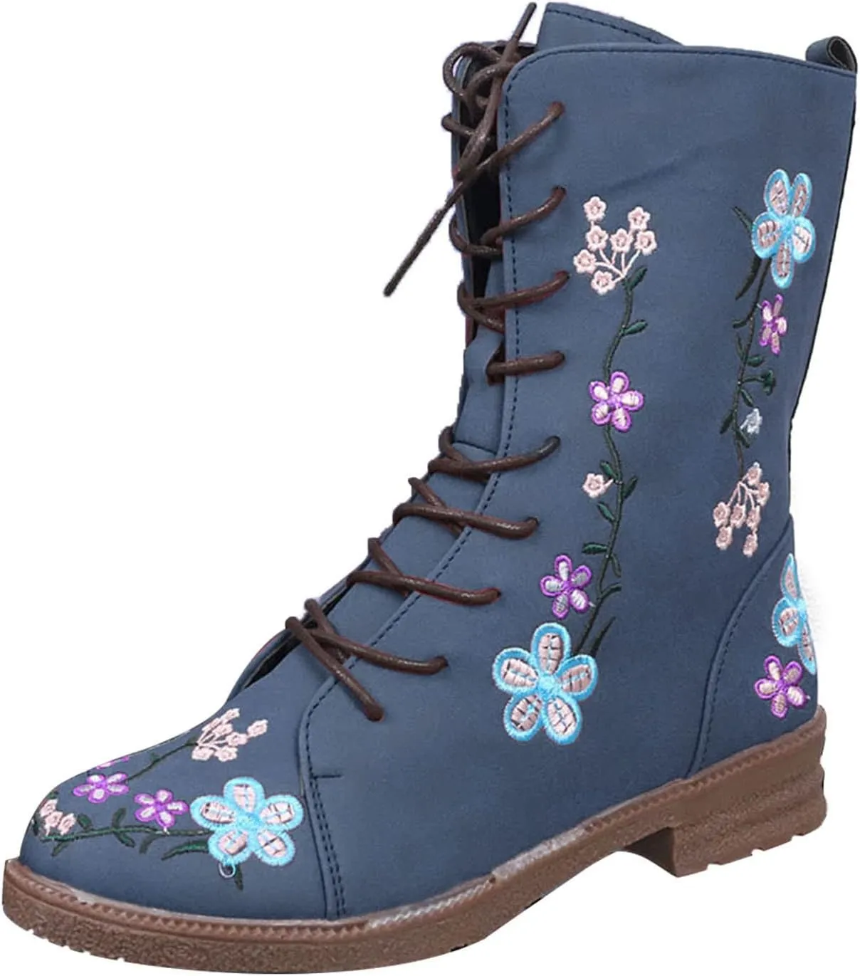 Womens Boots Casual Fashion Floral Pattern Lace Up Boots for Women Chunky Heel Lug Sole Cozy Mid-Calf Boots