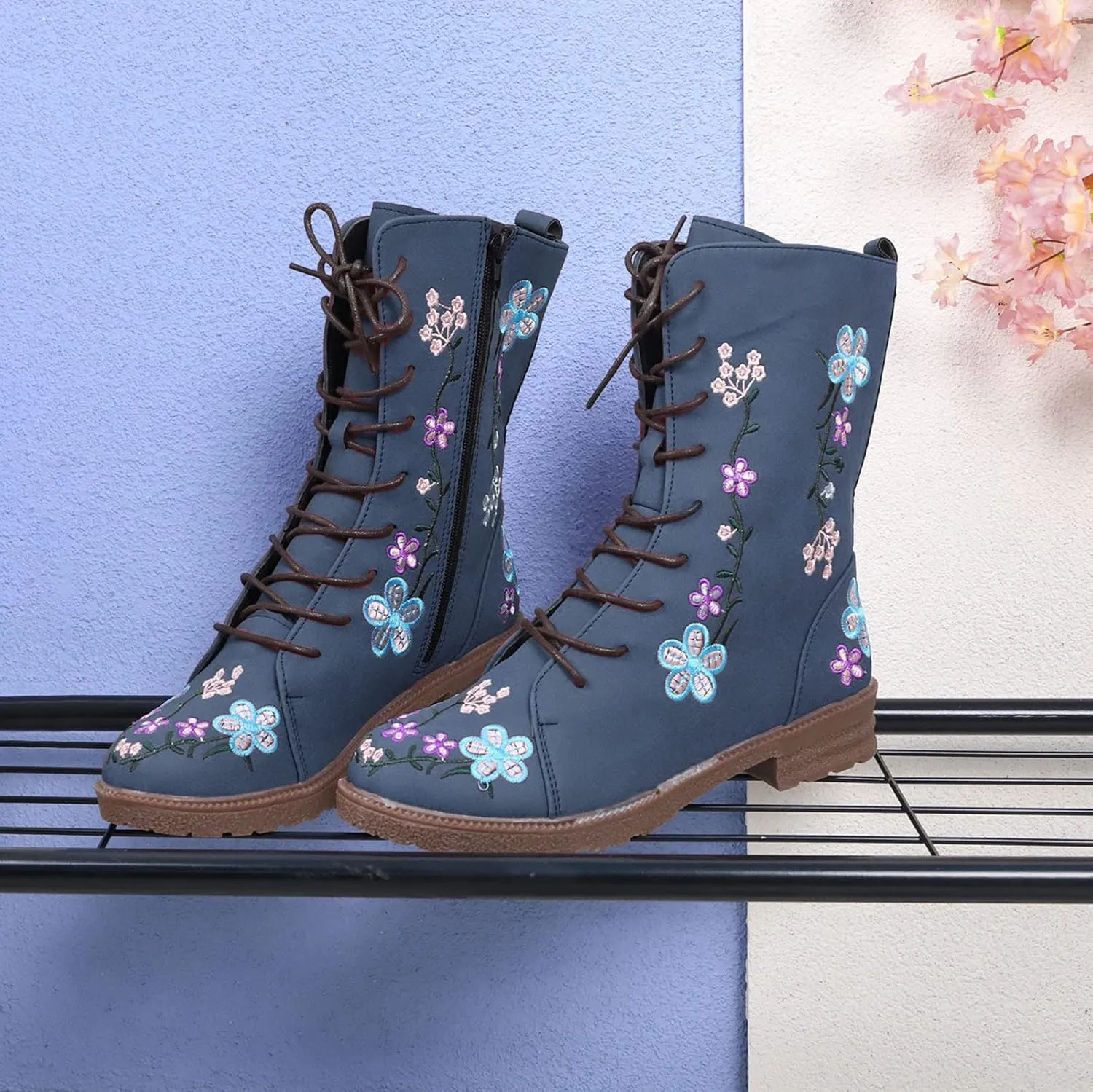 Womens Boots Casual Fashion Floral Pattern Lace Up Boots for Women Chunky Heel Lug Sole Cozy Mid-Calf Boots