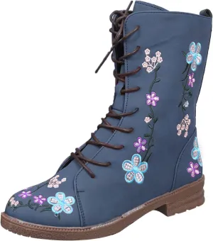 Womens Boots Casual Fashion Floral Pattern Lace Up Boots for Women Chunky Heel Lug Sole Cozy Mid-Calf Boots