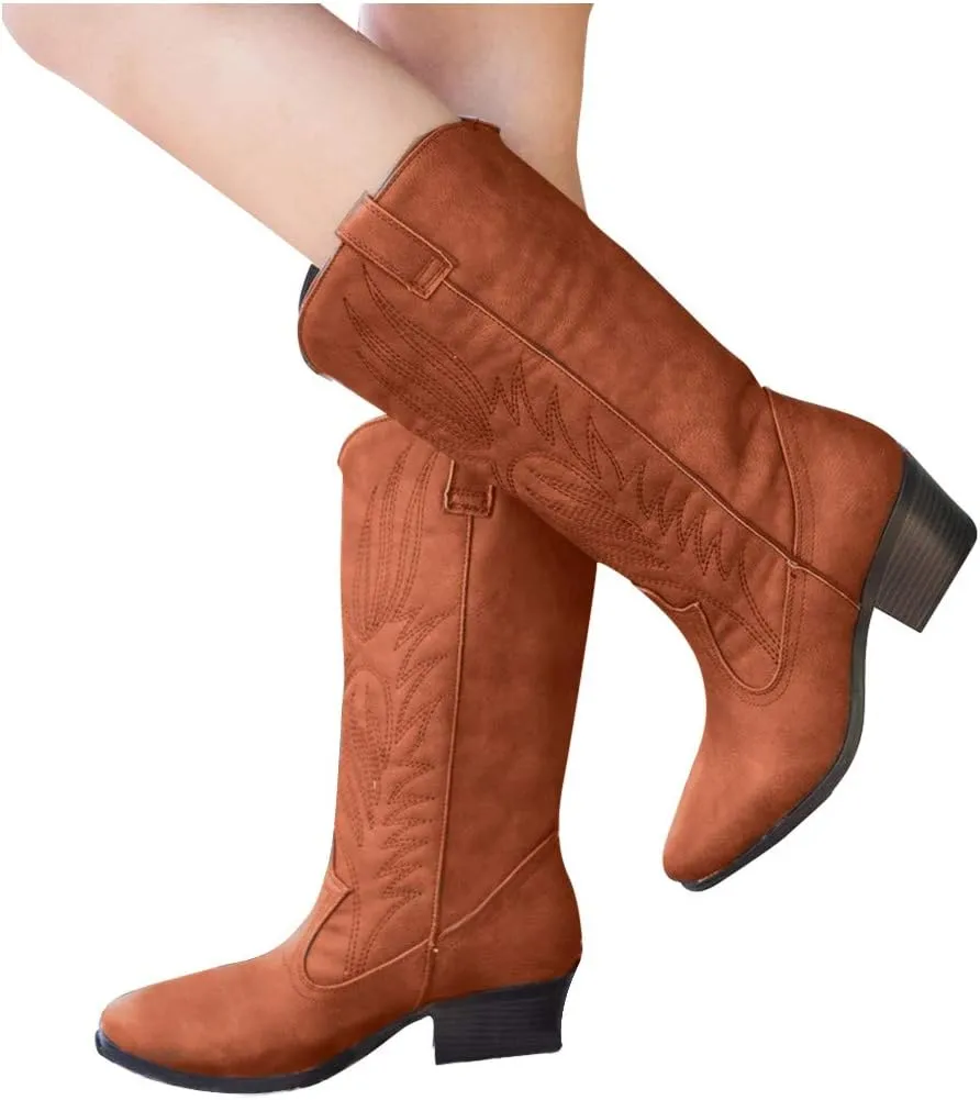 Womens Boots Fashion Pattern PU Leather Slip On Outdoor Boots for Women Chunky Heel Winter Boots for Women