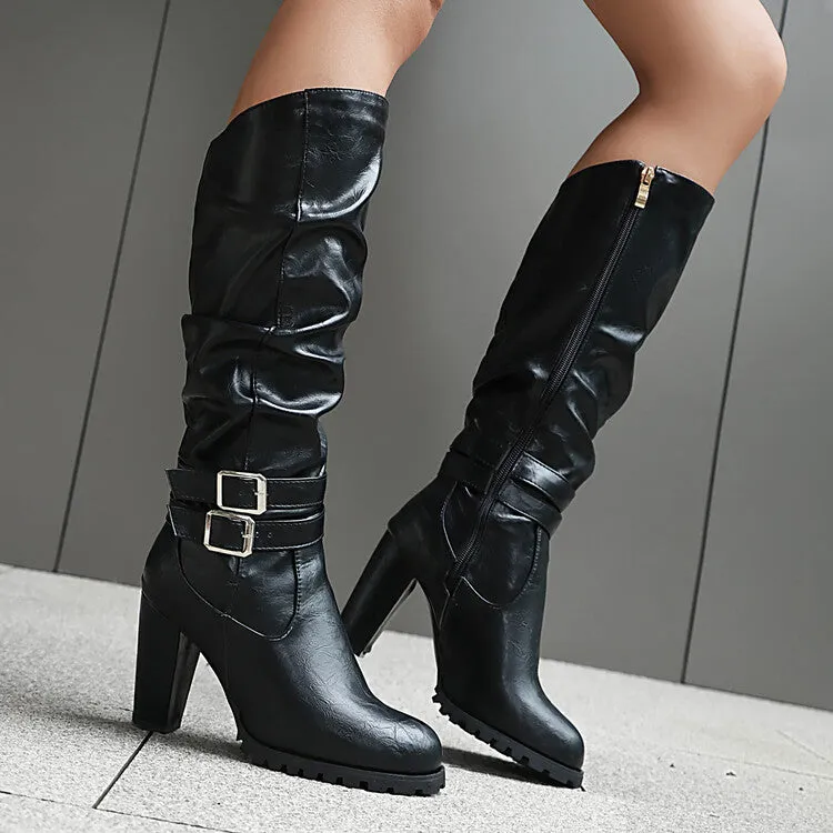 Women's Buckle Platform Block Heel Knee-High Boots