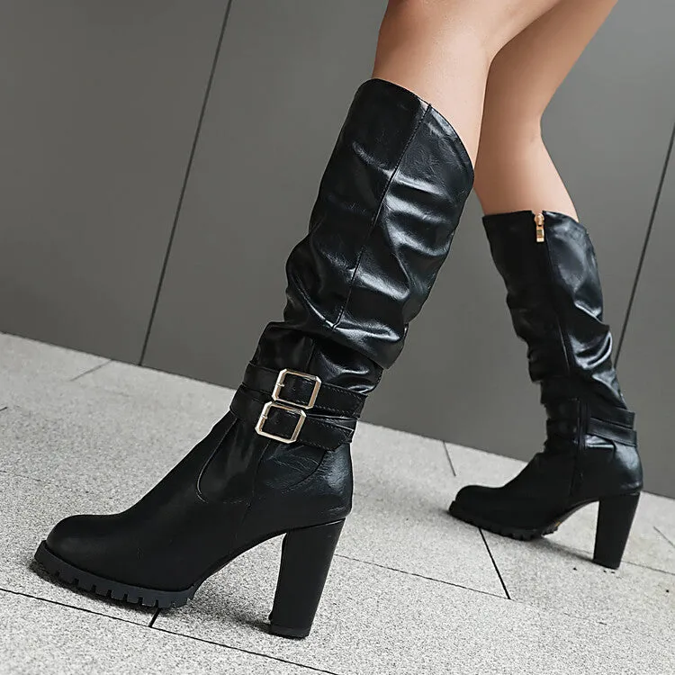 Women's Buckle Platform Block Heel Knee-High Boots