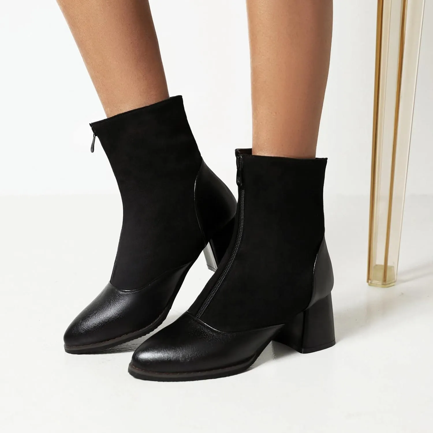 Women's Chunky High Heel Ankle Booties Comfortable Pointed Toe Fashion Boots Zipper Faux Leather Boots