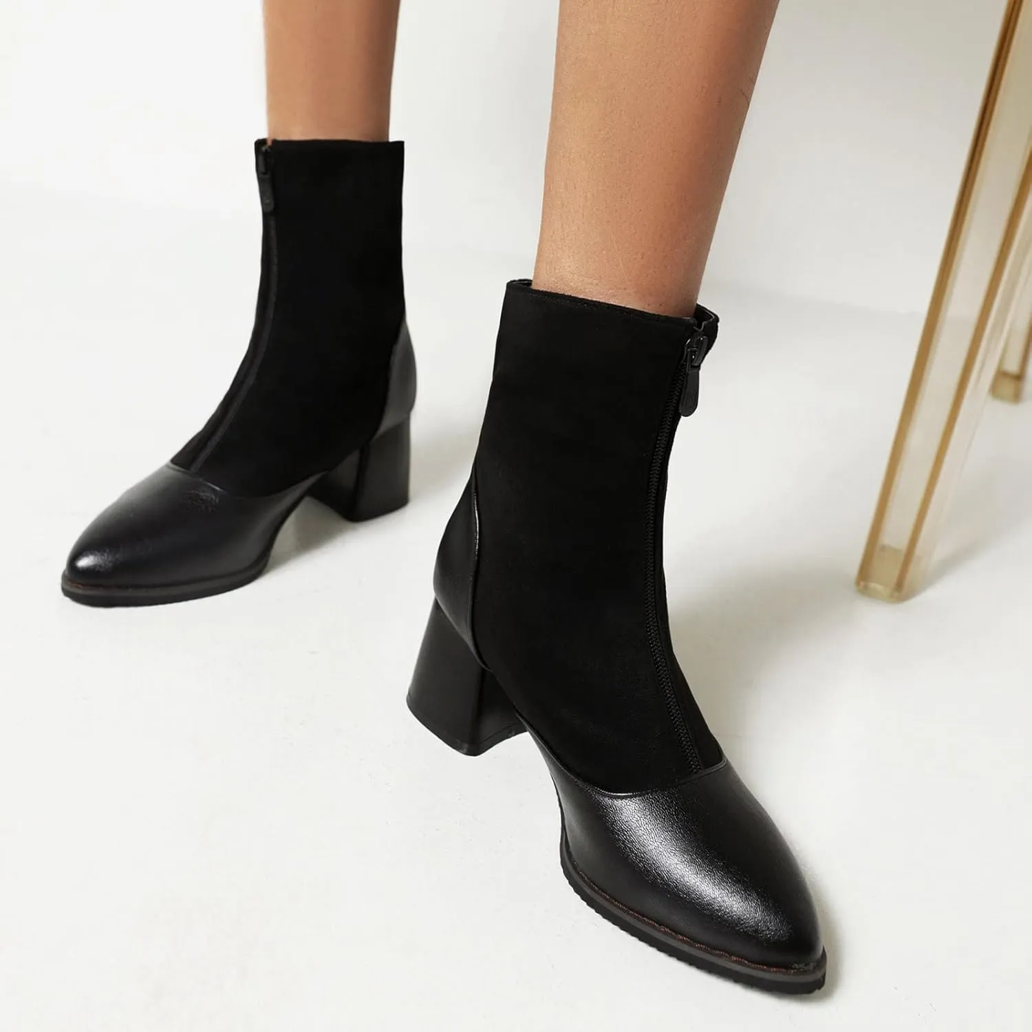 Women's Chunky High Heel Ankle Booties Comfortable Pointed Toe Fashion Boots Zipper Faux Leather Boots