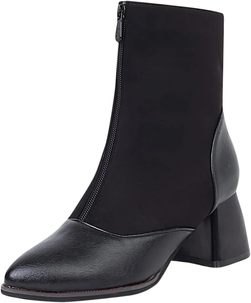 Women's Chunky High Heel Ankle Booties Comfortable Pointed Toe Fashion Boots Zipper Faux Leather Boots