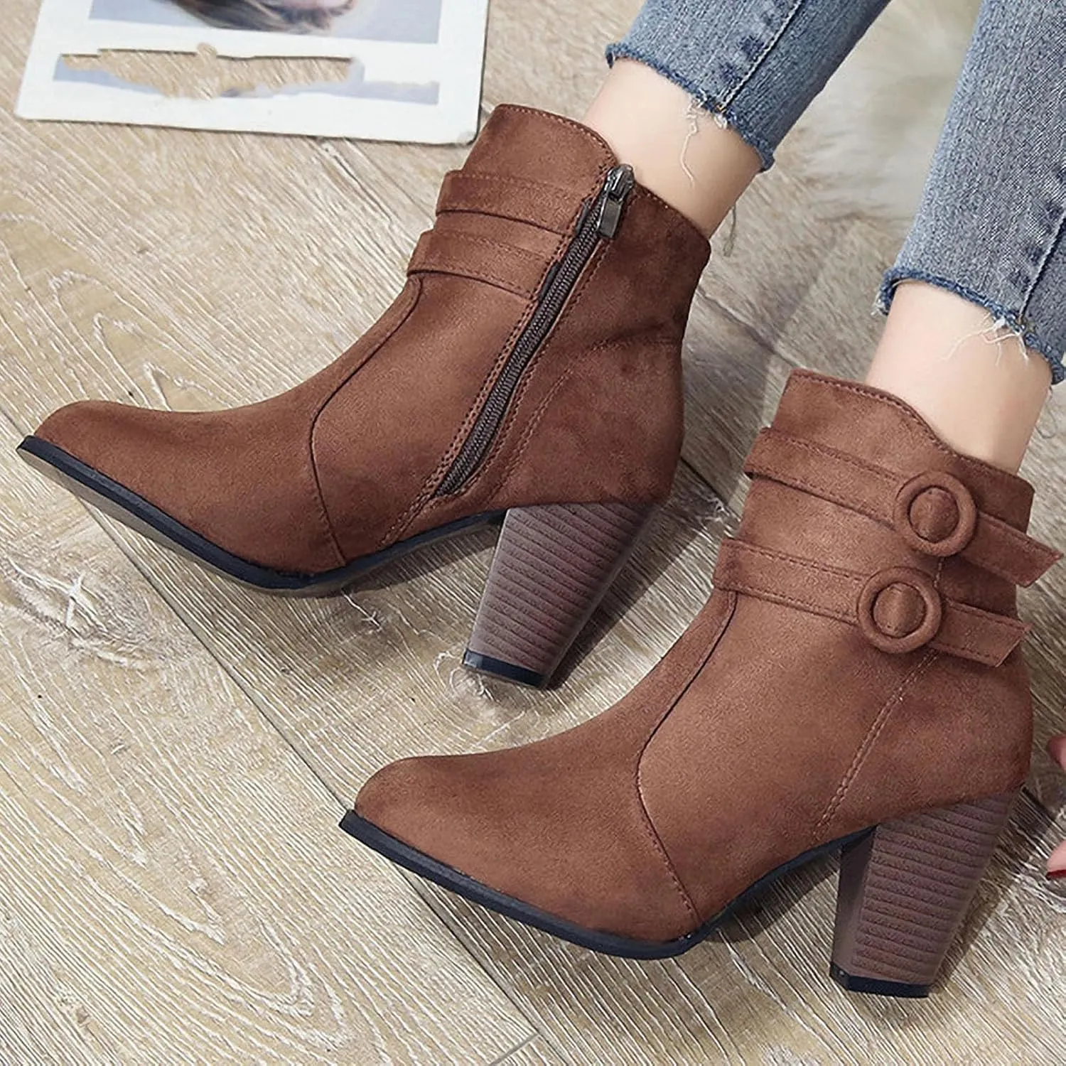 Women's Chunky High Heel Ankle Boots Fashion Pointed Toe Zipper Booties Evening Party Dress Short Boots