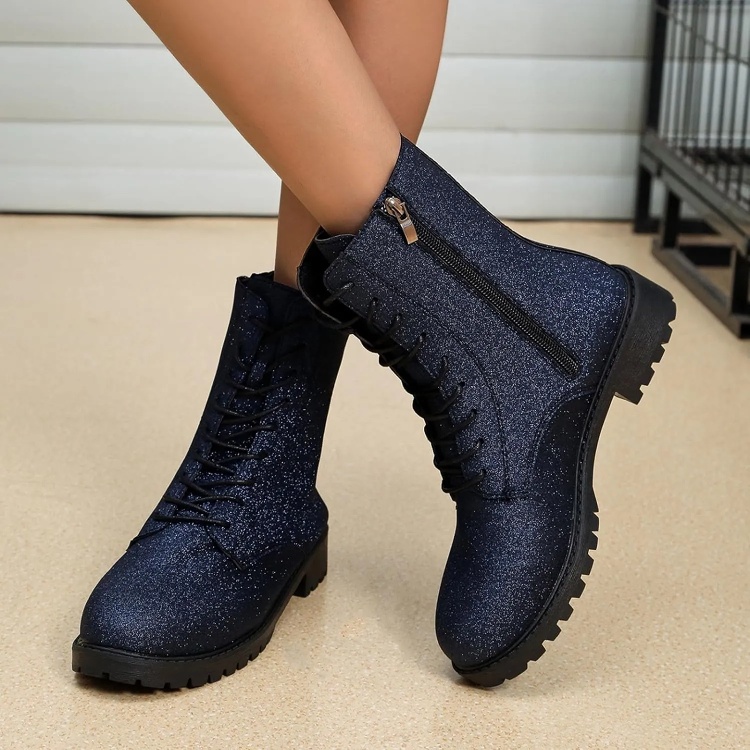 Women's Combat Boots Lace Up Ankle Booties with Lug Sole Side Zipper Round Toe Military Boots Slip on Fall Heeled Short Boots Shoes Glitter Chunky Heel Sparkly Ankle Boots for Bride Wedding