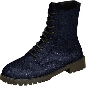 Women's Combat Boots Lace Up Ankle Booties with Lug Sole Side Zipper Round Toe Military Boots Slip on Fall Heeled Short Boots Shoes Glitter Chunky Heel Sparkly Ankle Boots for Bride Wedding