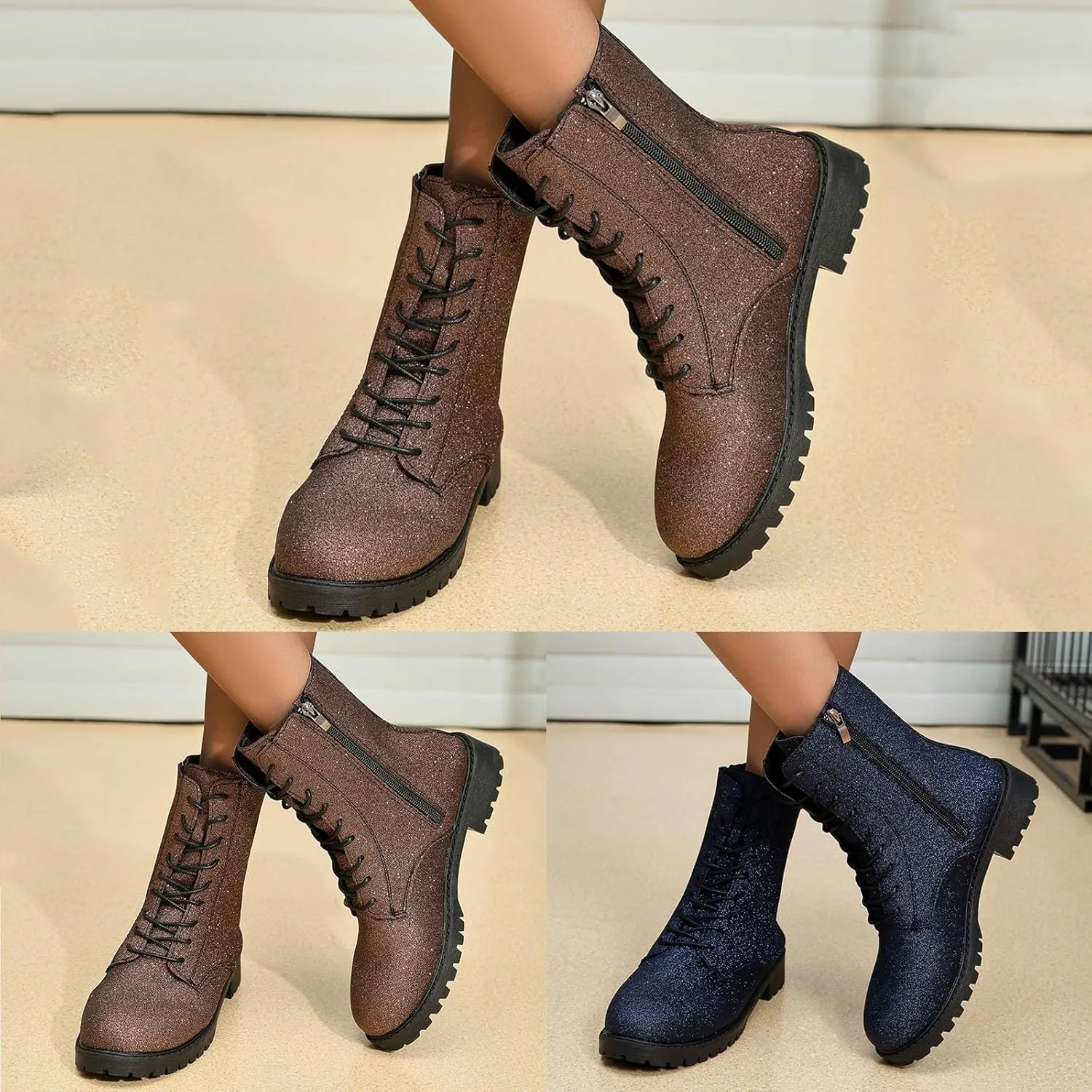 Women's Combat Boots Lace Up Ankle Booties with Lug Sole Side Zipper Round Toe Military Boots Slip on Fall Heeled Short Boots Shoes Glitter Chunky Heel Sparkly Ankle Boots for Bride Wedding