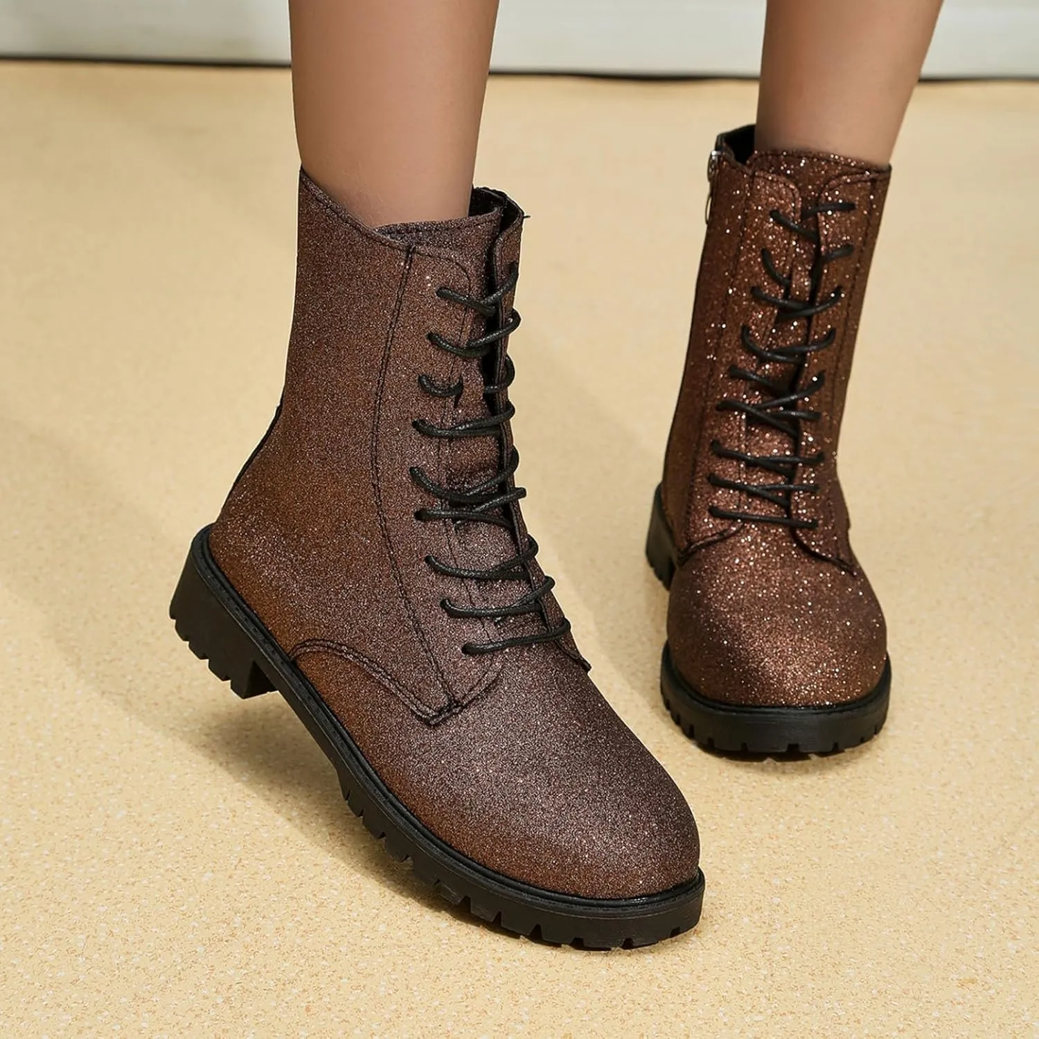 Women's Combat Boots Lace Up Ankle Booties with Lug Sole Side Zipper Round Toe Military Boots Slip on Fall Heeled Short Boots Shoes Glitter Chunky Heel Sparkly Ankle Boots for Bride Wedding