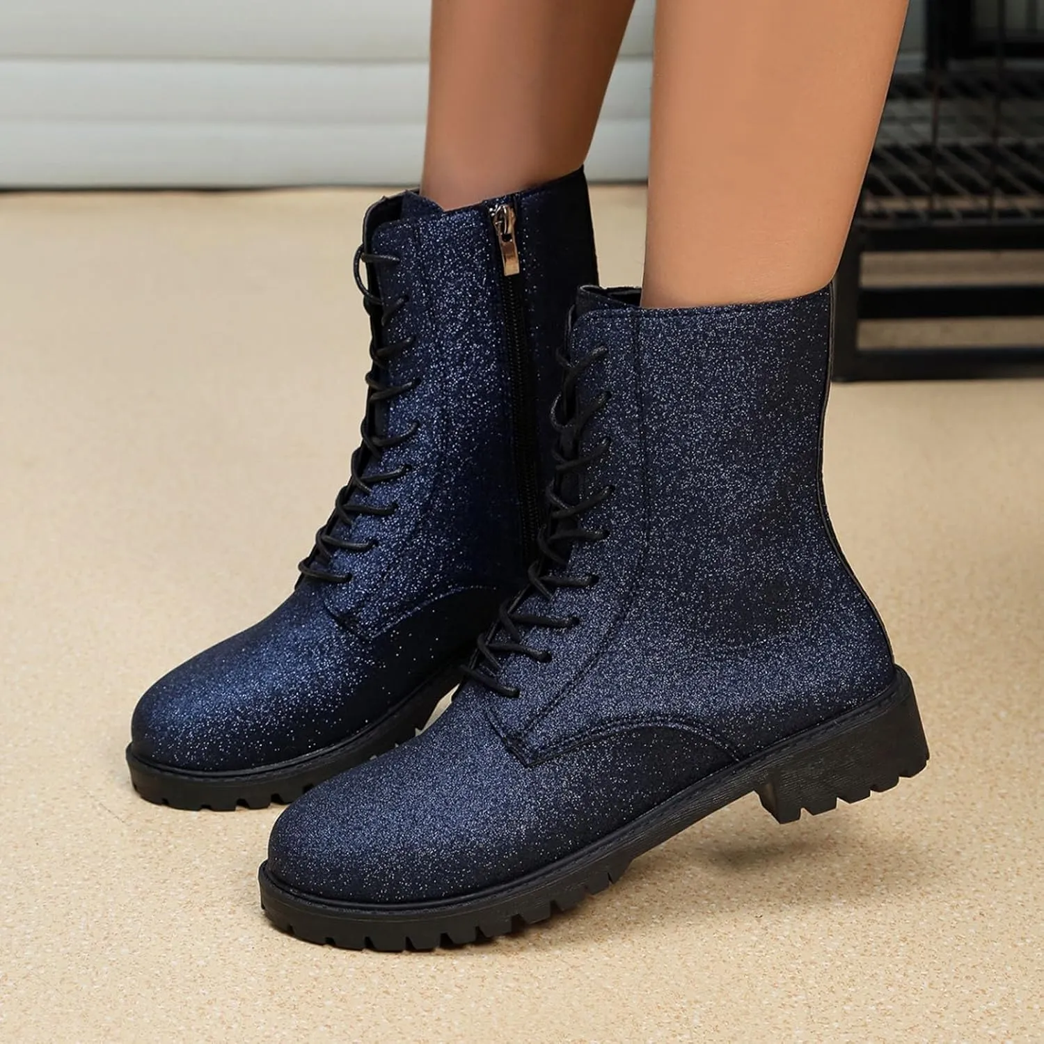 Women's Combat Boots Lace Up Ankle Booties with Lug Sole Side Zipper Round Toe Military Boots Slip on Fall Heeled Short Boots Shoes Glitter Chunky Heel Sparkly Ankle Boots for Bride Wedding