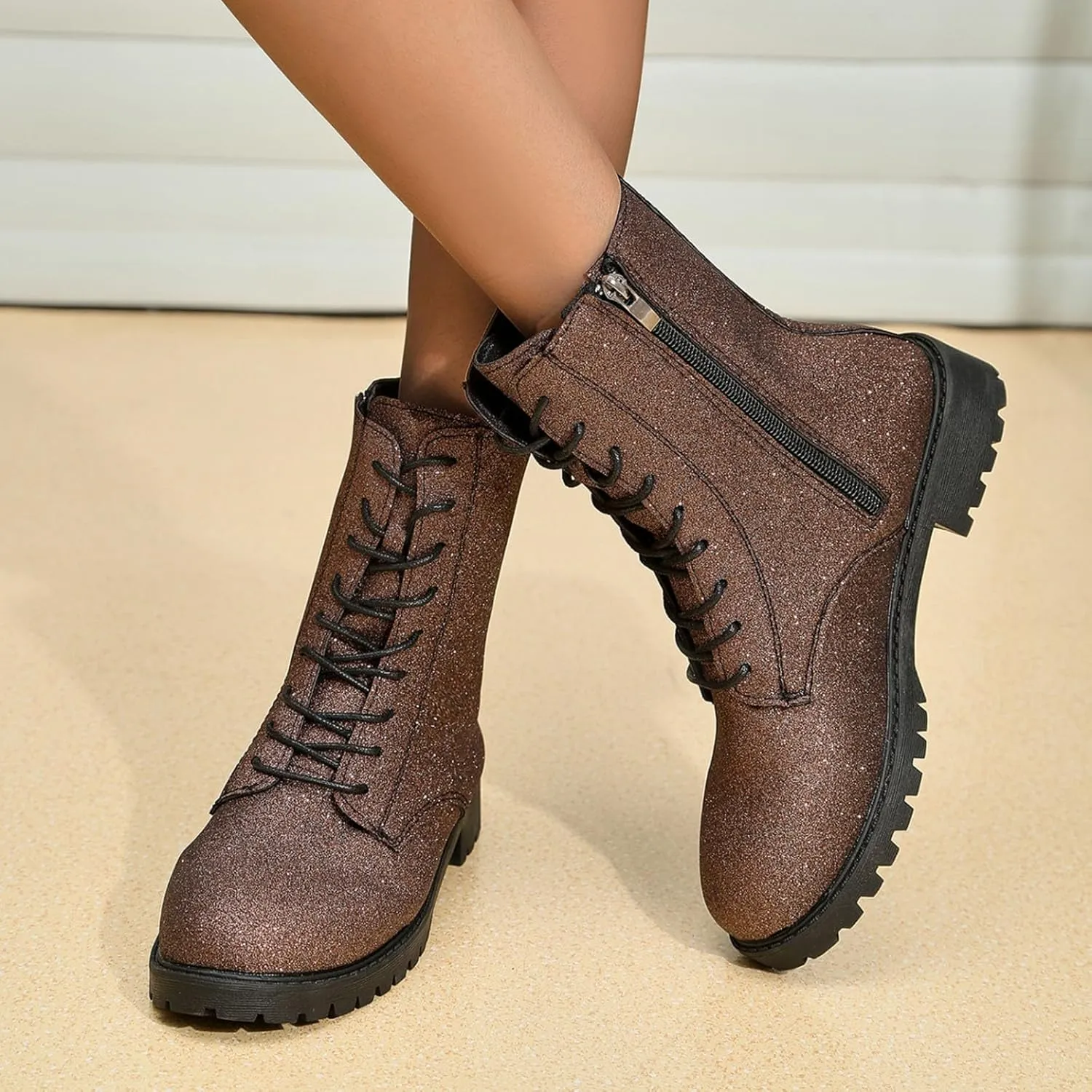 Women's Combat Boots Lace Up Ankle Booties with Lug Sole Side Zipper Round Toe Military Boots Slip on Fall Heeled Short Boots Shoes Glitter Chunky Heel Sparkly Ankle Boots for Bride Wedding