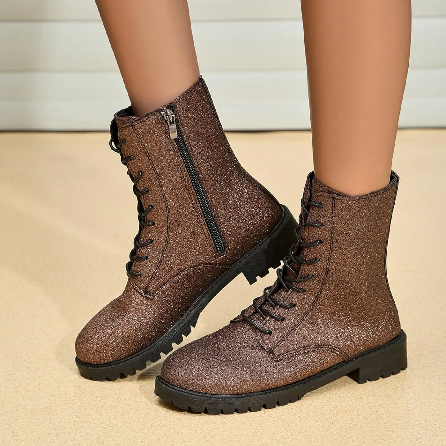 Women's Combat Boots Lace Up Ankle Booties with Lug Sole Side Zipper Round Toe Military Boots Slip on Fall Heeled Short Boots Shoes Glitter Chunky Heel Sparkly Ankle Boots for Bride Wedding