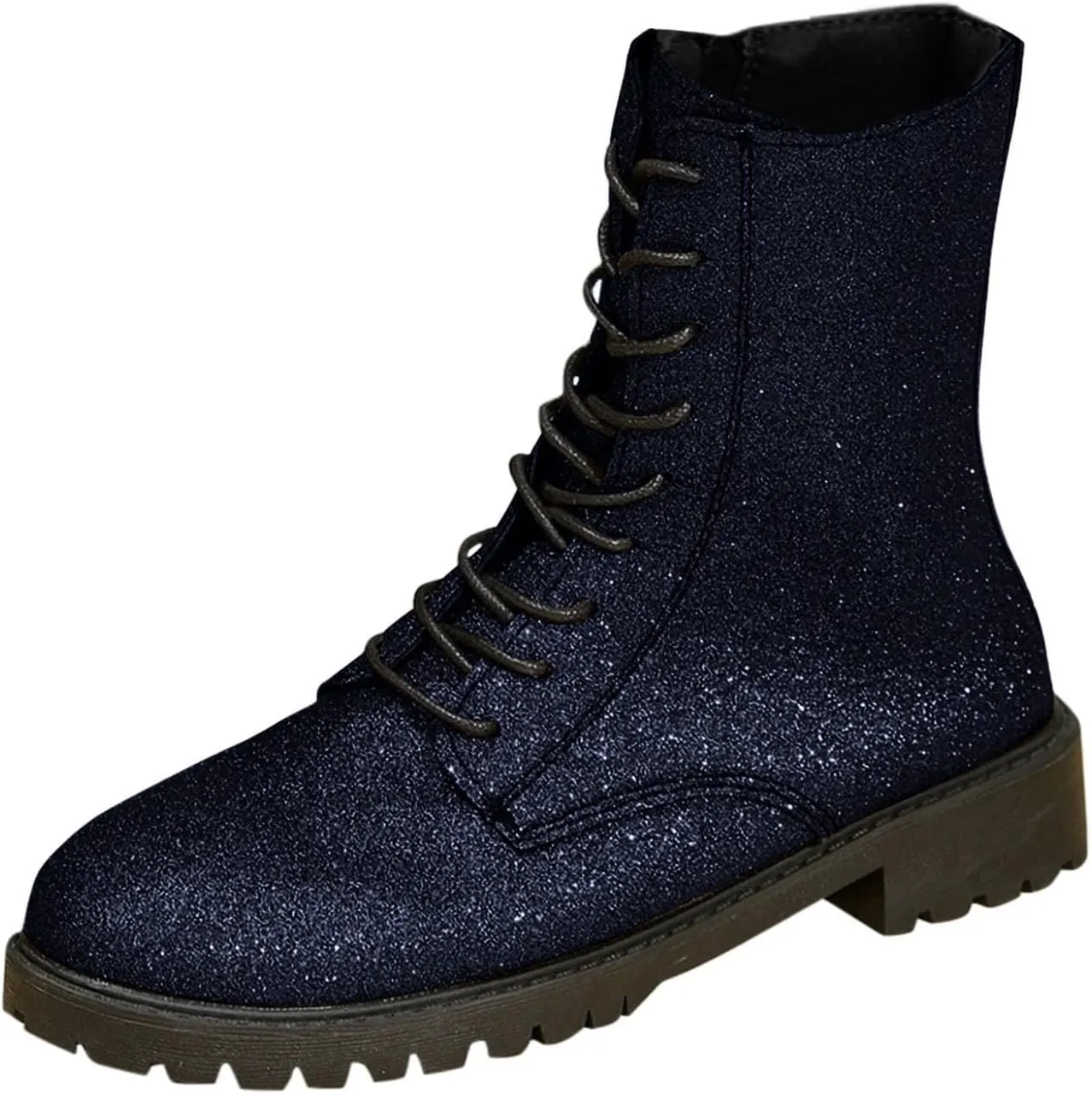 Women's Combat Boots Lace Up Ankle Booties with Lug Sole Side Zipper Round Toe Military Boots Slip on Fall Heeled Short Boots Shoes Glitter Chunky Heel Sparkly Ankle Boots for Bride Wedding