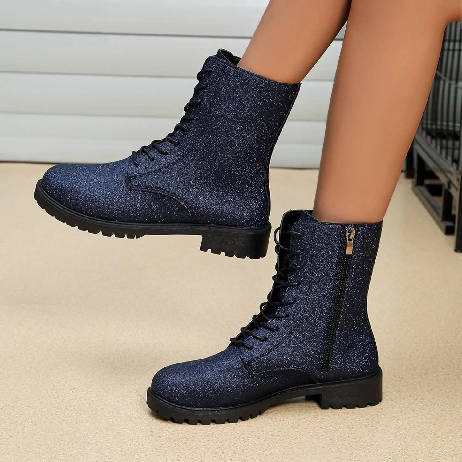 Women's Combat Boots Lace Up Ankle Booties with Lug Sole Side Zipper Round Toe Military Boots Slip on Fall Heeled Short Boots Shoes Glitter Chunky Heel Sparkly Ankle Boots for Bride Wedding