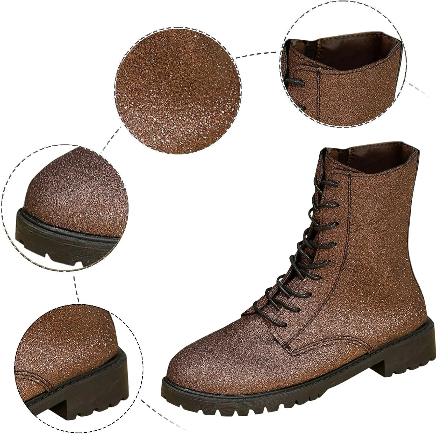 Women's Combat Boots Lace Up Ankle Booties with Lug Sole Side Zipper Round Toe Military Boots Slip on Fall Heeled Short Boots Shoes Glitter Chunky Heel Sparkly Ankle Boots for Bride Wedding