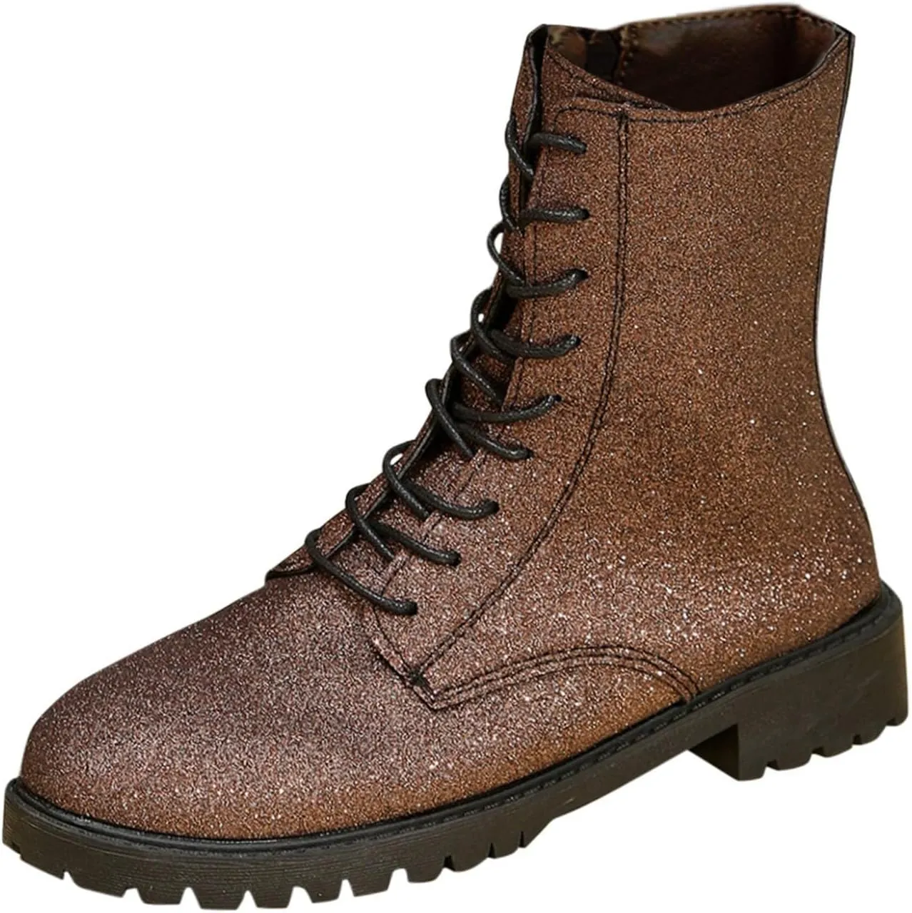 Women's Combat Boots Lace Up Ankle Booties with Lug Sole Side Zipper Round Toe Military Boots Slip on Fall Heeled Short Boots Shoes Glitter Chunky Heel Sparkly Ankle Boots for Bride Wedding