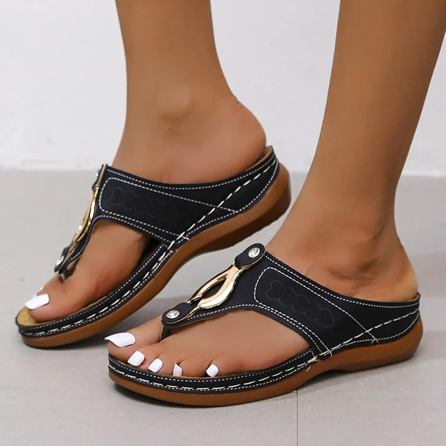 Womens Comfy Wedge Orthopedic Sandals Summer Platform Orthopedic Womens Slippers with Arch Support Plantar Fasciitis Black Ladies Sandals Orthopedic Women's Black Flat Sandals Sandals for Women 2025