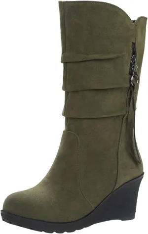 Women's Cowgirl Boots Zipper Mid Calf Wedge Boots Round Toe Wide Width Platform High Heel Tassel Dress Boots