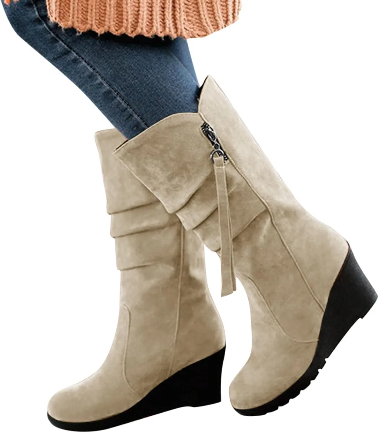Women's Cowgirl Boots Zipper Mid Calf Wedge Boots Round Toe Wide Width Platform High Heel Tassel Dress Boots