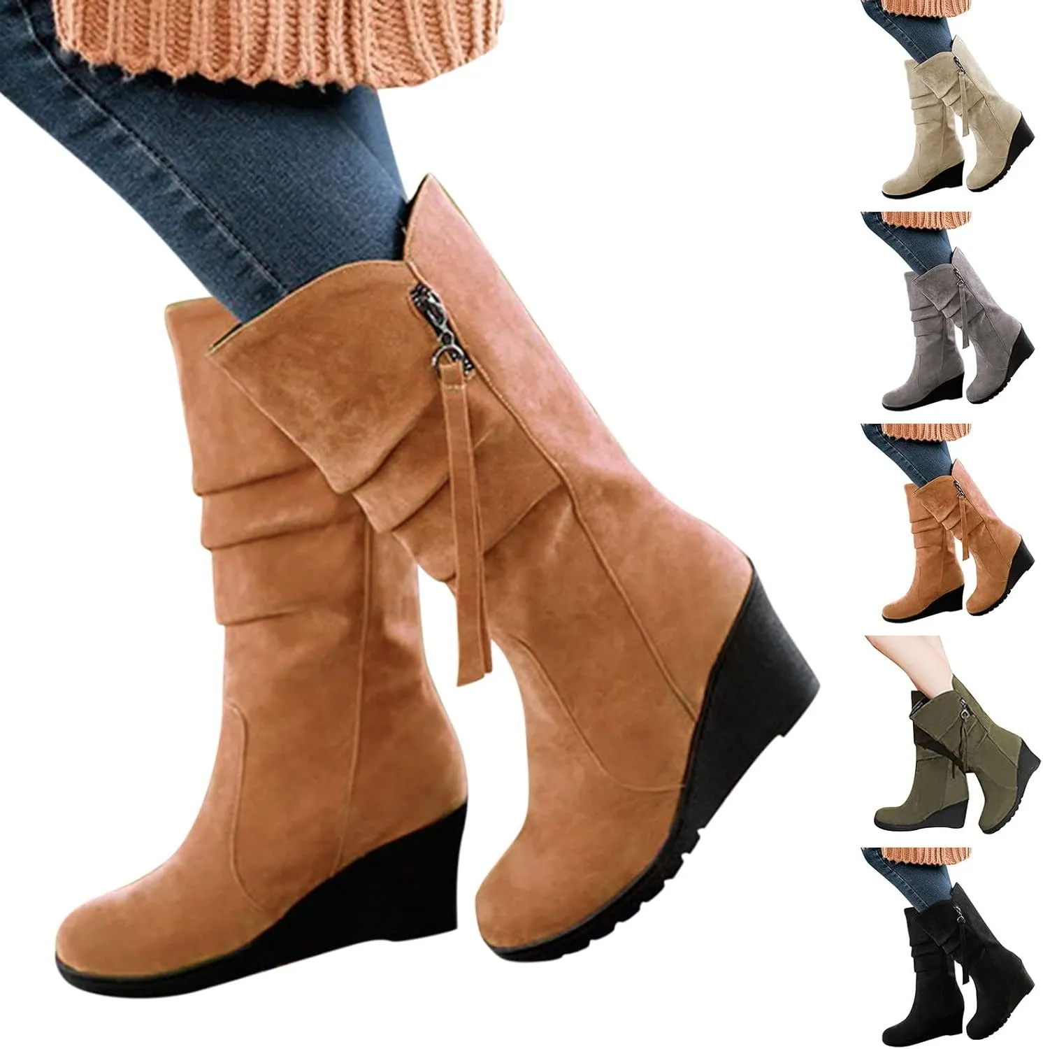Women's Cowgirl Boots Zipper Mid Calf Wedge Boots Round Toe Wide Width Platform High Heel Tassel Dress Boots