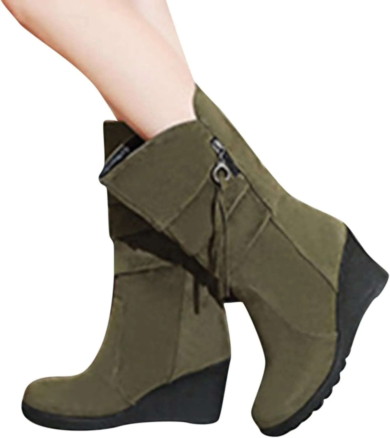 Women's Cowgirl Boots Zipper Mid Calf Wedge Boots Round Toe Wide Width Platform High Heel Tassel Dress Boots