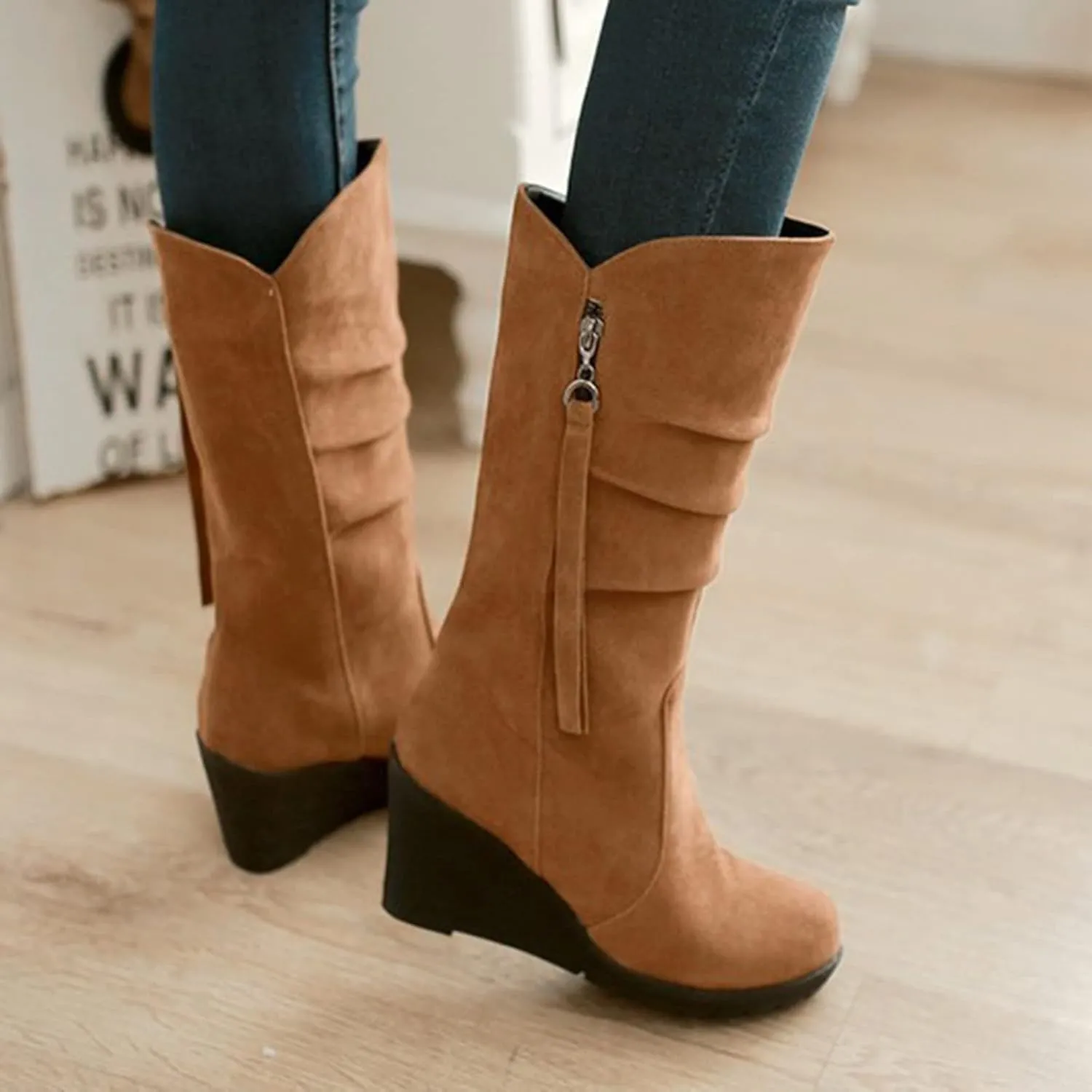 Women's Cowgirl Boots Zipper Mid Calf Wedge Boots Round Toe Wide Width Platform High Heel Tassel Dress Boots