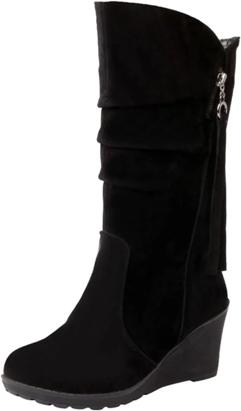 Women's Cowgirl Boots Zipper Mid Calf Wedge Boots Round Toe Wide Width Platform High Heel Tassel Dress Boots