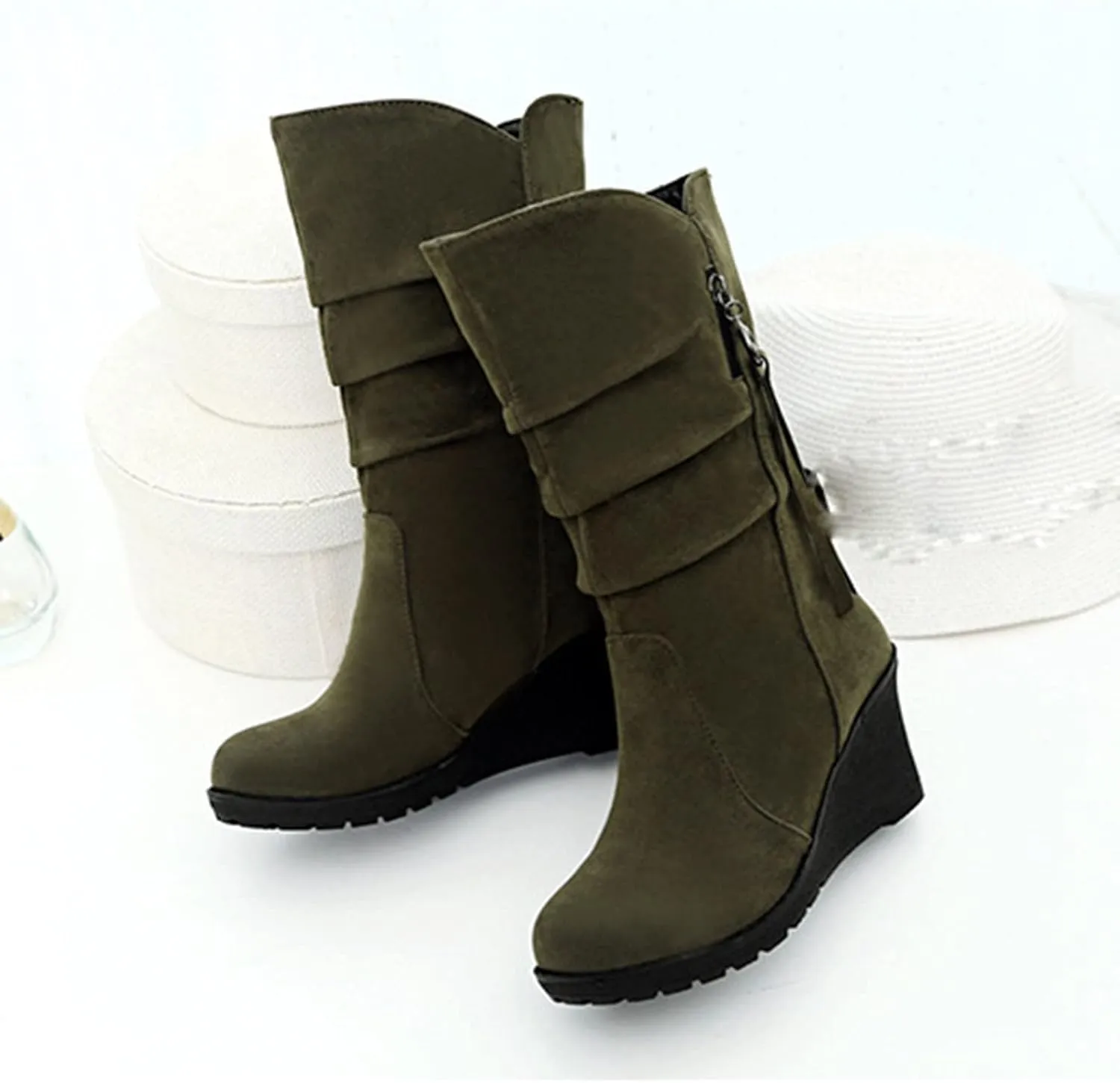 Women's Cowgirl Boots Zipper Mid Calf Wedge Boots Round Toe Wide Width Platform High Heel Tassel Dress Boots