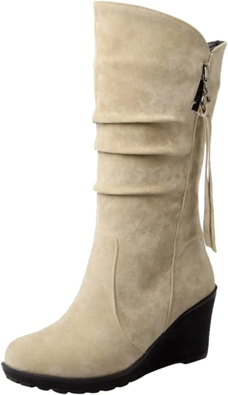Women's Cowgirl Boots Zipper Mid Calf Wedge Boots Round Toe Wide Width Platform High Heel Tassel Dress Boots
