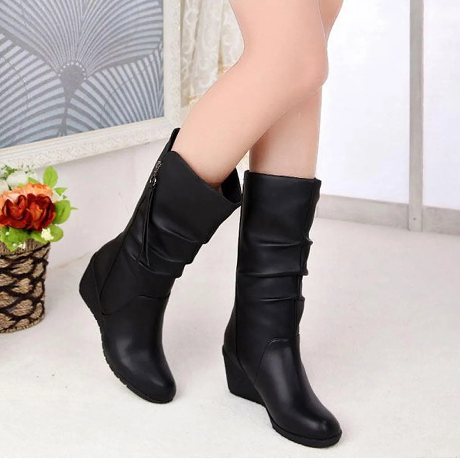 Women's Cowgirl Boots Zipper Mid Calf Wedge Boots Round Toe Wide Width Platform High Heel Tassel Dress Boots