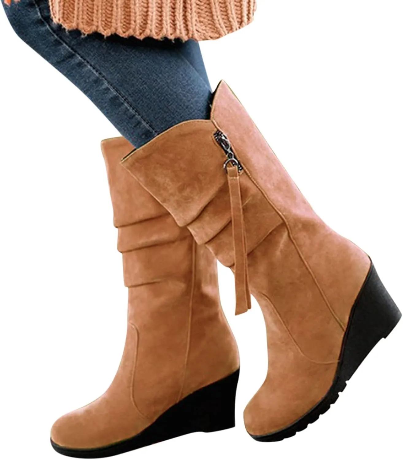Women's Cowgirl Boots Zipper Mid Calf Wedge Boots Round Toe Wide Width Platform High Heel Tassel Dress Boots