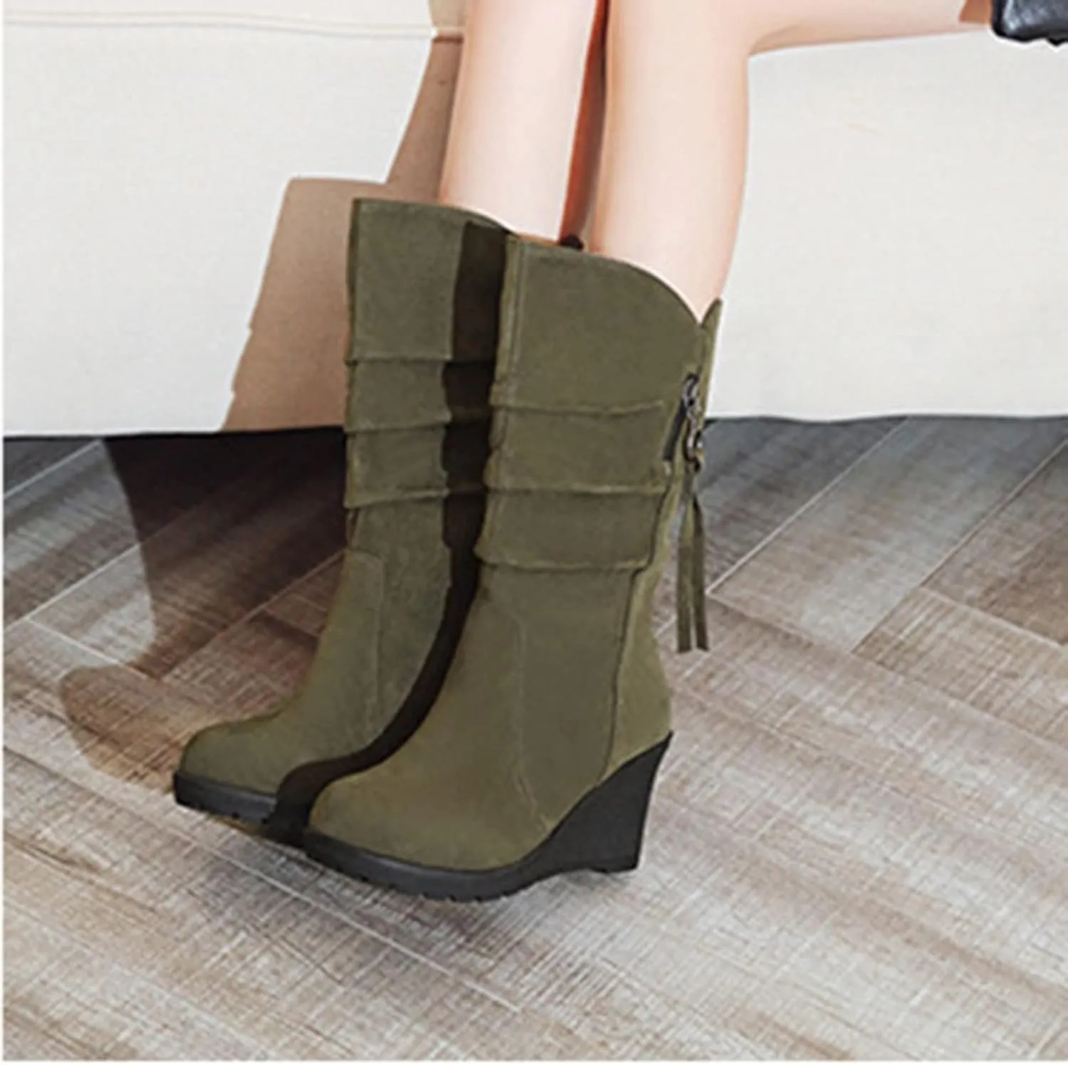 Women's Cowgirl Boots Zipper Mid Calf Wedge Boots Round Toe Wide Width Platform High Heel Tassel Dress Boots