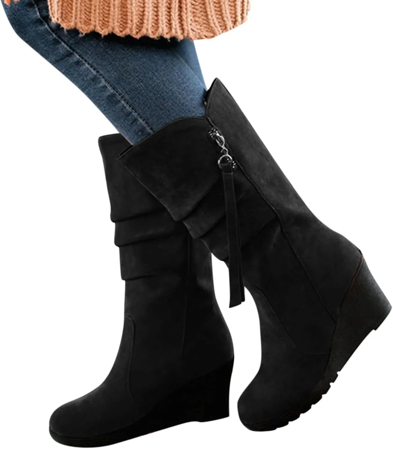 Women's Cowgirl Boots Zipper Mid Calf Wedge Boots Round Toe Wide Width Platform High Heel Tassel Dress Boots