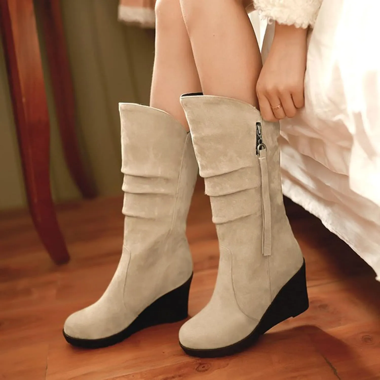 Women's Cowgirl Boots Zipper Mid Calf Wedge Boots Round Toe Wide Width Platform High Heel Tassel Dress Boots