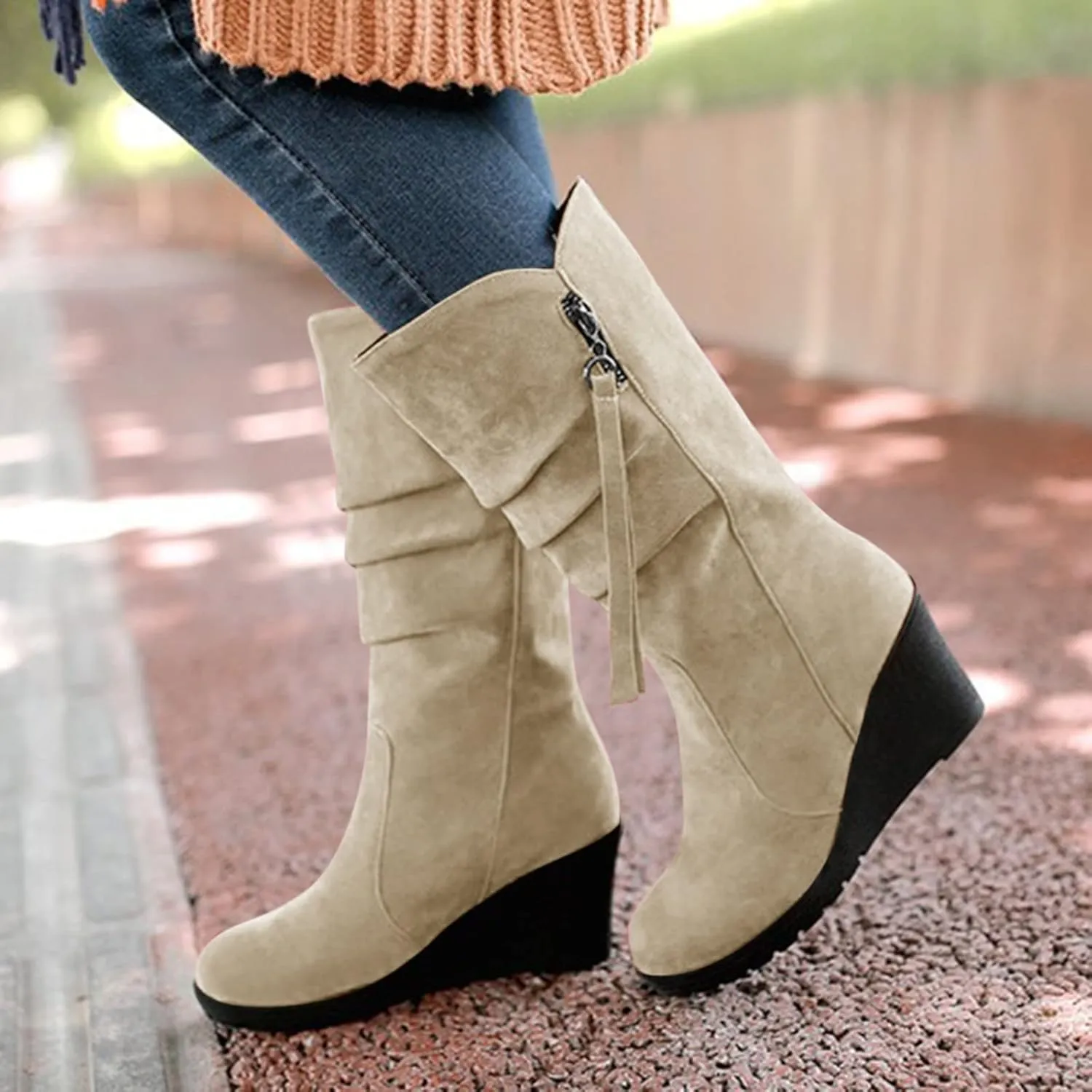 Women's Cowgirl Boots Zipper Mid Calf Wedge Boots Round Toe Wide Width Platform High Heel Tassel Dress Boots