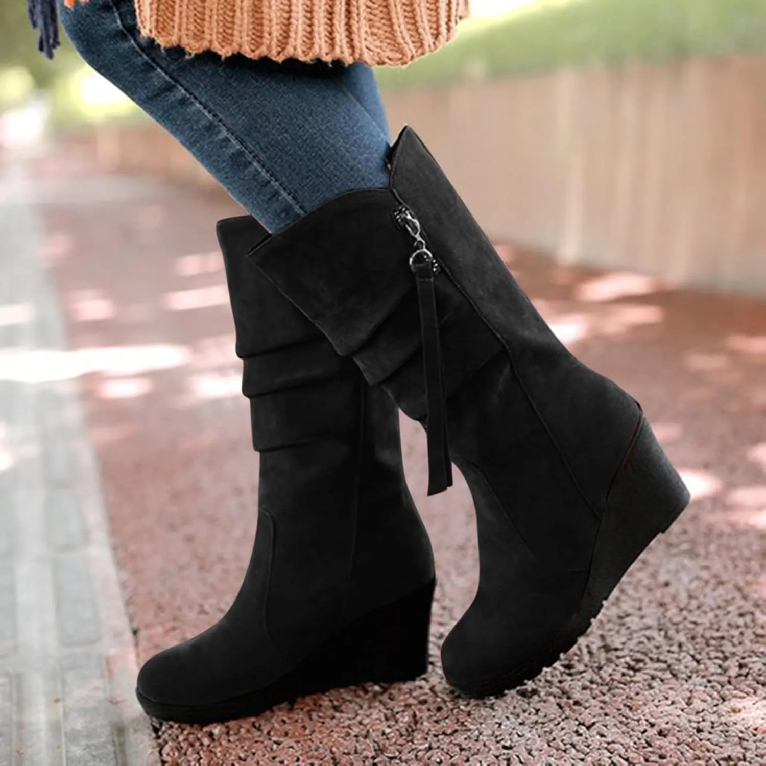 Women's Cowgirl Boots Zipper Mid Calf Wedge Boots Round Toe Wide Width Platform High Heel Tassel Dress Boots