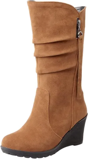 Women's Cowgirl Boots Zipper Mid Calf Wedge Boots Round Toe Wide Width Platform High Heel Tassel Dress Boots