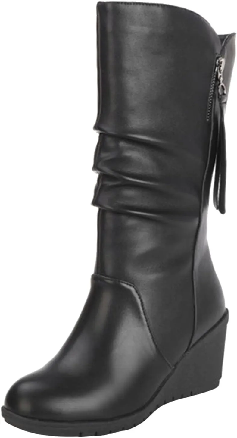 Women's Cowgirl Boots Zipper Mid Calf Wedge Boots Round Toe Wide Width Platform High Heel Tassel Dress Boots