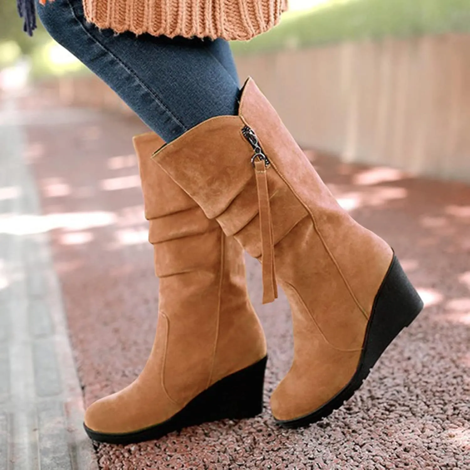 Women's Cowgirl Boots Zipper Mid Calf Wedge Boots Round Toe Wide Width Platform High Heel Tassel Dress Boots