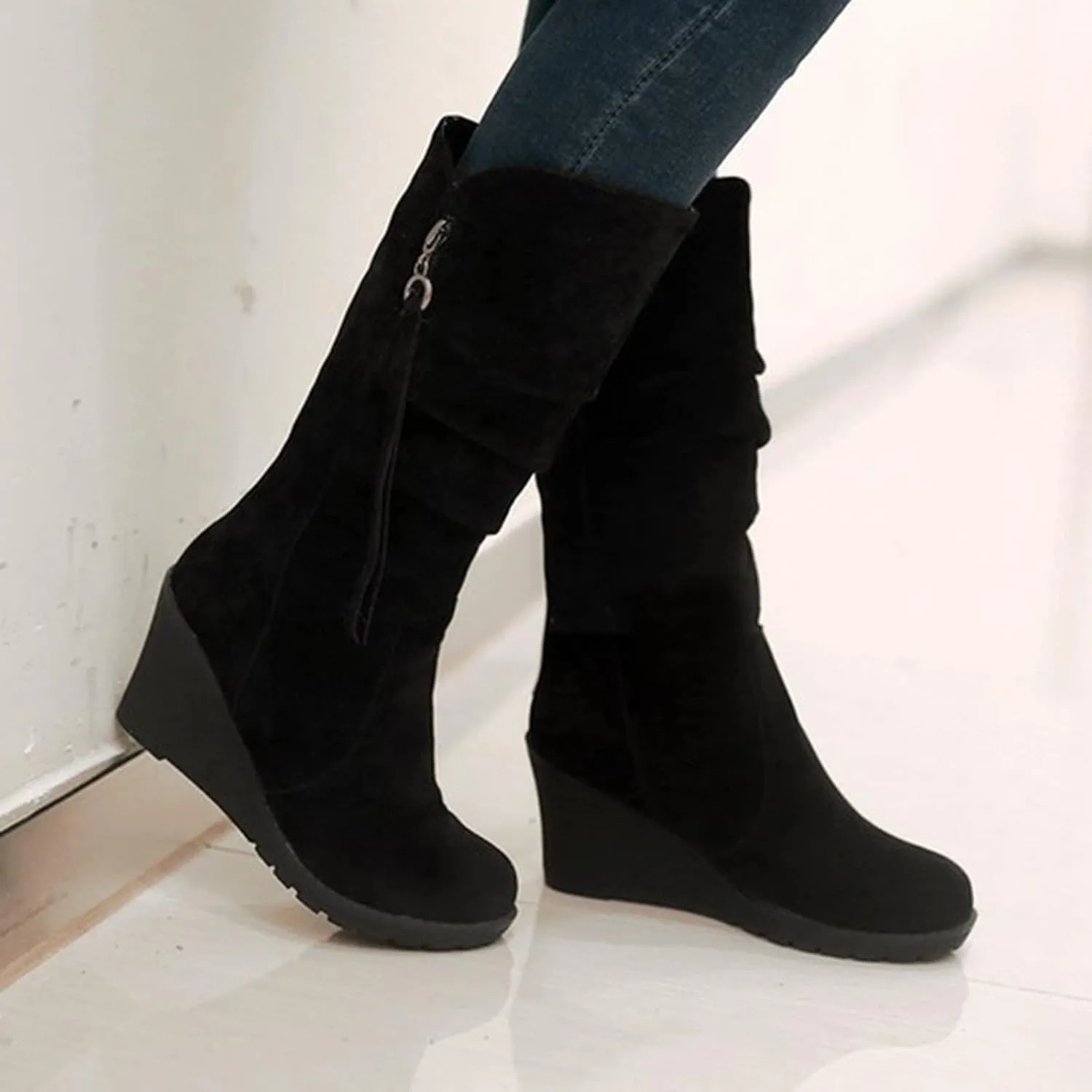 Women's Cowgirl Boots Zipper Mid Calf Wedge Boots Round Toe Wide Width Platform High Heel Tassel Dress Boots