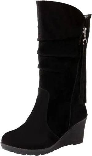 Women's Cowgirl Boots Zipper Mid Calf Wedge Boots Round Toe Wide Width Platform High Heel Tassel Dress Boots