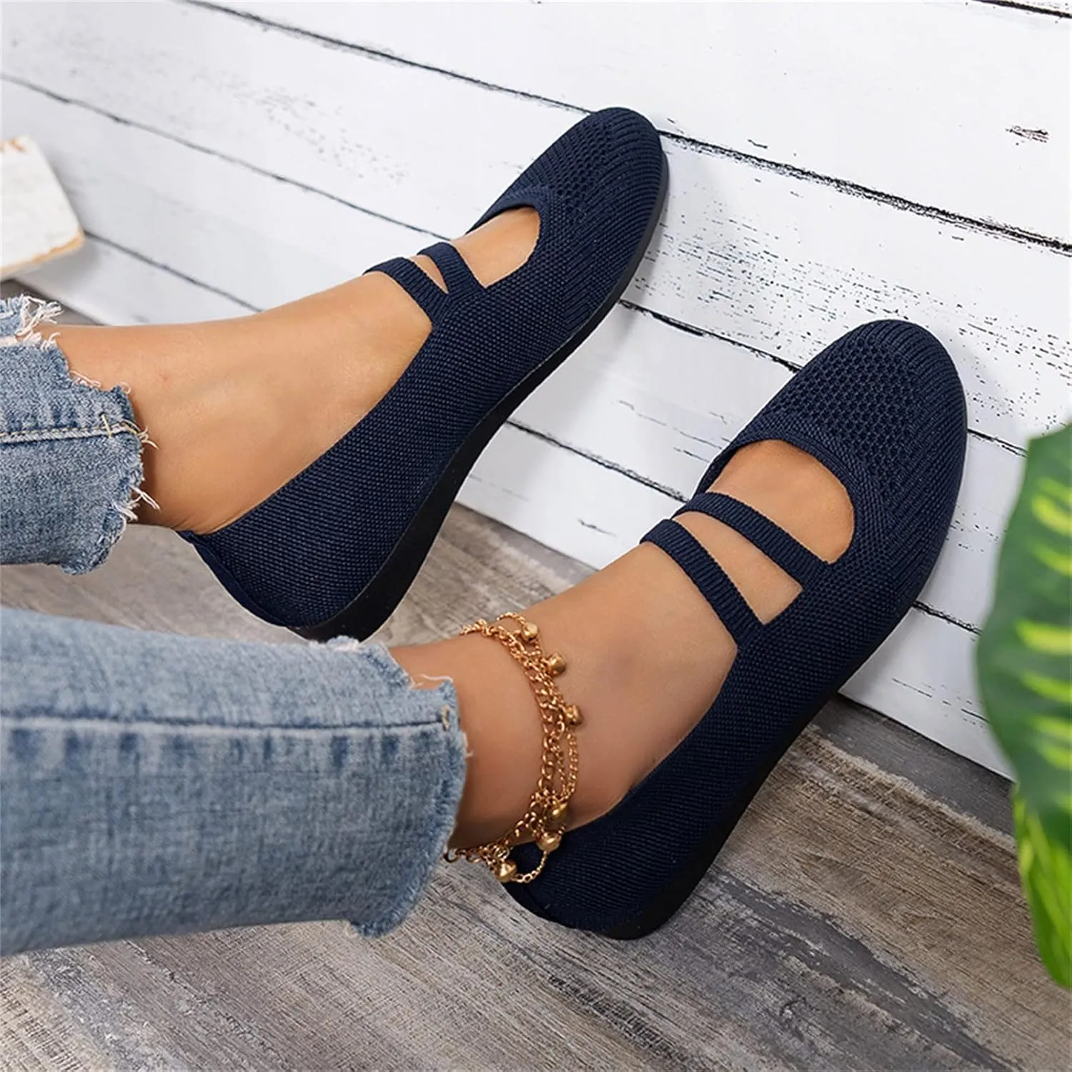 Womens Flat Shoes Knit Ballet Shoes Round Toe Slip on Loafer Casual Business Shoe Comfort Soft Office Flats